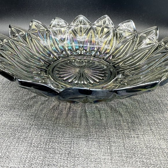 Federal Glass Bowl Petal Pattern Smoke Iridescent Amethyst Carnival 10.25" Vtg - Picture 3 of 12